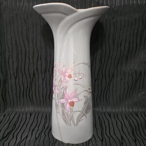 Vintage Fine China Porcelain Floral Vase Celadon, Orchid 10.5”Vase w/ Gold Rim